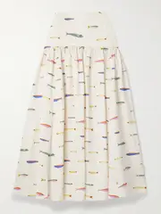 [STAUD] STAUD - Procida Gathered Printed Linen Maxi Skirt - Ivory - US12 US 12 Ivory
