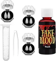 Pedenty 3 Sizes 3 Pairs Vampire Teeth Fake Fangs with Blood and Adhesive Tooth Beads for Women Men Halloween Costume Props Party Favors Accessories White Horror 15mm, 17mm 19mm