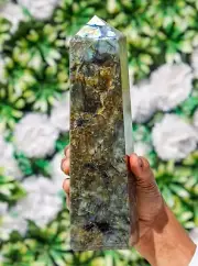 Large 255MM Flashy Green Labradorite Stone Chakra Metaphysical Point Tower