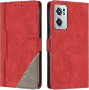 Case for OnePlus Nord CE 2 5G, Business Splicing Leather Magnetic Credit Card Holder Kickstand Wallet Cover Case for OnePlus Nord CE 2 5G-Red