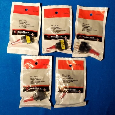 5x RadioShack Illuminated Toggle Switch Red LED 12v 20A 275-0010 SPST Panel