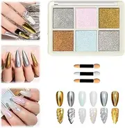 Lyvixora Chrome Nail Powder – Gold & Silver Iridescent Pearl Chrome Powder, Holographic Mermaid Glitter Pigment for Nails, Aurora Mirror Effect, 6 in 1 Set