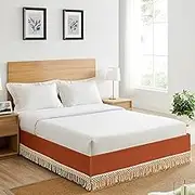 Sweet Jojo Designs Rust Orange and Ivory Boho Bohemian Girl Queen Size Bed Skirt Dust Ruffle Bedskirt Pleated Tailored Kids Bedroom Off White Fringe Tassel for Farmhouse Wildflower Floral Collection