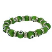 Light Green Beaded Stretch Cord Bangle Evil Eye White CZ Unisex Bracelet