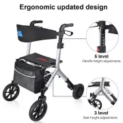 Rollator Walker Folding Walker w/10-inch Wheels Supports up to 300lbs Silver