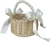 Wicker Flower Girl Basket Rattan Flower Girl Basket with Pearl Handle | Hand Woven Wicker Basket with Bow - Artificial Silk Rose Petal Basket