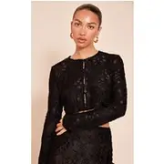 Black Floral Sheer Button Cropped Top, Black