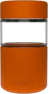 Luxey Cup – 12oz Reusable Glass Coffee Cup | Leakproof, BPA-Free Silicone Lid | Easy to Clean | Barista Size Travel Mug | Dishwasher & Microwave Safe (Copper)