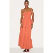 Rust Ruched Backless Strappy Maxi Dress, Rust