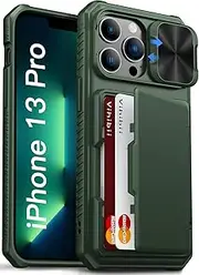 [Vihibii] for iPhone 13 Pro Wallet Case with Card Holder (4 Cards), [RFID Blocking] & Slide Camera Cover & Raised Edges Protect Screen, Shockproof Rugged Phone Cover for iPhone 13 Pro 6.1", Green