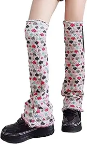 [Oxtxuzdm] Over The Knee Knit Thigh High Leg Warmers Socks for Women Stylish Colorful Heart Patterned Flared Leg Covers Stockings