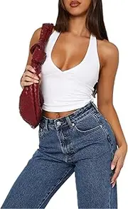[OOHOKAY] Women's Tank Tops Summer Slim Fit Tops Sleeveless Halterneck Camisole Sexy V-Neck Basic Shirt Plain Backless Crop Top