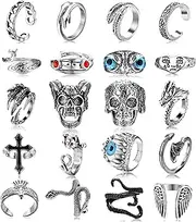 [Kakonia] 16-20 Pcs Vintage Punk Rings for Men Women Gothic Open Rings Silver Black Skull Skeleton Octopus Tentacle Eyes of Hell Animal Adjustable Rings Set Stackable Y2K Finger Rings