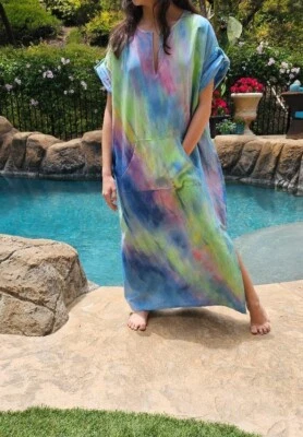 Maya Antonia Unisex Hand Tie-Dye Aurora-Borealis Cotton-Linen Maxi Dress/Kaftan