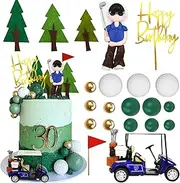 Golf Cake Toppers With Carts, Clay Figurine Decorations, Green Gold Balls, Red Flag, Trees for Party, Sport Theme Birthday Supplies (01)