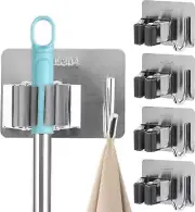 4Pcs Broom and Mop Holder, Stainless Steel Broom Storage Holder, Self Adhesive A