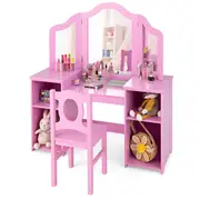 Costway 2-in-1 Vanity Table & Chair Set Makeup Dressing Table w/Mirror Study Writing Desk Pink