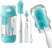 Electric Bottle Brush Cleaner Set, Bear-Shaped Travel Baby Bottle Cleaner Kit with Silicone Nipple & Straw Brush, Soap Dispenser, Drainage Rack, Storage Box(Blue)
