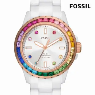 【FOSSIL 官方旗艦館】FB-01 漸變彩虹環刻七彩指針女錶 白色陶瓷錶帶手錶 37MM CE1129(母親節)