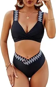 [Generic] Womens High Waisted Bikini Sets High Cut Cute Bathing Suit Ladies Push Up Patchwork Two Piece Swimsuit