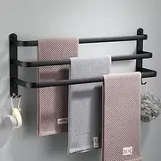 3 Layer Towel Rack Wall Mounted Space Aluminum Towel Rail with Hooks,Towel Holder for Bathroom Hotel Kitchen Storage Black 50cm