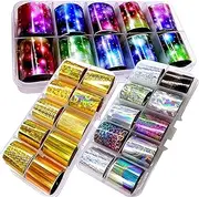 30 Rolls Holographic Transfer Nail Foil Glitter Starry Sky Nail Foils Wraps Metallic Gold Silver Laser Transfer Nail Decals Nail Foil Paper,1 Stainless Steel Curved Scissors (Holographic Starry)