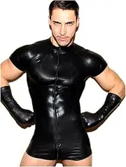 [GDYJP] Mens Black Mesh Patent Leather Zipper Bodysuit Sexy Short Sleeve Open Crotch Skin Tight Catsuit Clubwear Costume (Color : Black, Size : 3X-Large)