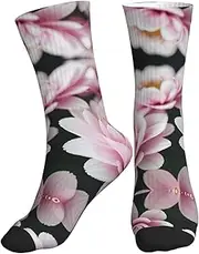 [OAROK] White Red Gold Flower Sport Running Calf Socks Performance Breathable Crew Socks For Men Women