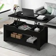ALFORDSON Lift Tabletop Coffee Table Center Table Black Color, Living Room Office Reception Dining Table with Rising Top, Hidden Storage and Open Shelf