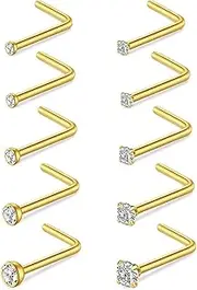 [zurabini] 20G Stainless Steel Nose Ring Studs, 10 PCS Clear Diamond CZ Nose Studs Nose, Piercings Jewellery, Women Girls Men(Gold), ONE SIZE, Stainless Steel, No Gemstone