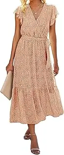 [BTFBM] Women Summer Bohemian Floral Casual Wrap V Neck Ruffle Cap Sleeveless Belt A-Line Pleated Hem Midi Sun Dress White