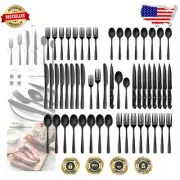 Complete 48 Pieces Black Flatware Set with Steak Knives – Perfect for Families