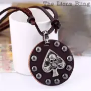 Urban Biker Punk Ace of Spades Skull Pendant on Genuine Brown Leather Necklace