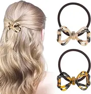 Vovii Bow Hair Ties for Women Girls, Tortoise Shell Hair Ties with Bows for Hair Styling No Damage, Cute Elastics Bow Scrunchies Ponytail Holder Hair Accessories for Women (2 Pcs)