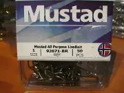 50 Mustad Live Bait Fish Hooks 92671-BR Size 1 Bronze Finish / Straight Eye