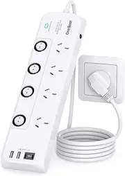 One Beat Power Board Surge Protector with Individual Switch,Power Strip with 4 AC Outlets,2USB A and 2USB C Charging Port,1.8M Extension Cord 350 Joules Powerboard,Wall Mount for Home,Dorm and Office