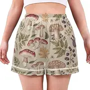 [RPLIFE] Mushrooms Leaves Beige Pajama Boxer Shorts for Women, Cute Light Weight Shorts for Women, Women's Summer Pajamas