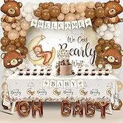 We Can Bearly Wait Baby Shower Decorations, Neutral Teddy Bear Baby Shower with Baby Shower Backdrop Tablecloth Cake Topper Balloon Garland Kit for Cute Bear Gender Reveal Decor