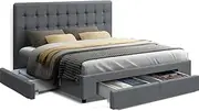 Artiss King Bed Frame Platform Tufted Headboard Frames Beds Base with 4 Storage Drawers Bedroom Room Decor Home Furniture, Upholstered with Grey Faux Linen Fabric + Foam + Wood