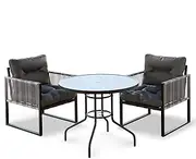 ALFORDSON Outdoor Patio Bistro Set with UV-Resistant PE Wicker, Conversation Set with 2X Armchairs and R90x70cm Coffee Table, Lounge Chair & Side Table with Water-Resistant Cushions, Black Grey