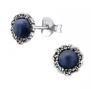 Silver Flower Earrings with Geniune Sodalite Stone