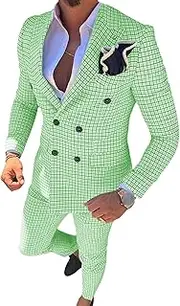[JEShifangjiusu] Men - Casual Slim Plaid 2 Piece Suit Square Collar Blazer Tuxedo Sports Jacket Pants, Green, S