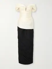 [Marmar Halim] Marmar Halim - Off-the-shoulder Pleated Two-tone Mikado And Taffeta Gown - Off-white - IT40 IT 40 Off-white
