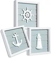 TideAndTales Nautical Wall Decor (7"x7") with 3D Anchor, Lighthouse and Ship Wheel - Rustic Beach Bathroom Ocean Home Decorations - Coastal Theme Nautical Gifts - Framed Set of 3