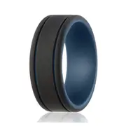 Silicone Wedding Ring - Duo Collection 2 Thin Lines - Blue-Black by ROQ for Men - 13 mm Ring