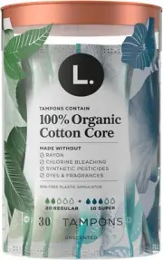 L. 100% Organic Cotton Core Tampons, 20 Regular + 10 Super 073010631731VL