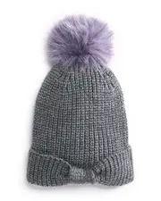 Surell Girls' Knit Bow Beanie Hat With Faux Fur Pom - Big Kid