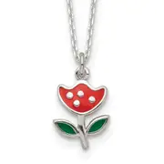 Sterling Silver Polished Red & Green Enameled Flower Children'S Necklace
