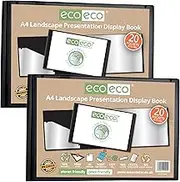 eco-eco A4 50% Recycled 20 Pocket Black Landscape Presentation Display Book, Storage Case Portfolio Art Folder with Plastic Sleeves, (Pack of 2), eco095x2