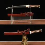 Handmade Japanese Tanto S5 Steel Abrasive Sword Hira Zukuri Full Tang Sharp Red.